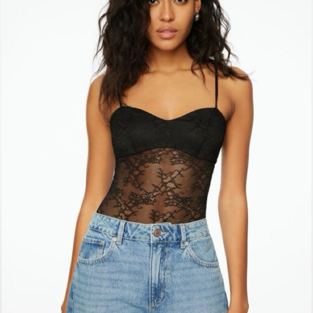Dynamite Black Lace Bodysuit - Sheer Floral Mesh Lingerie-Style Top (Size M)